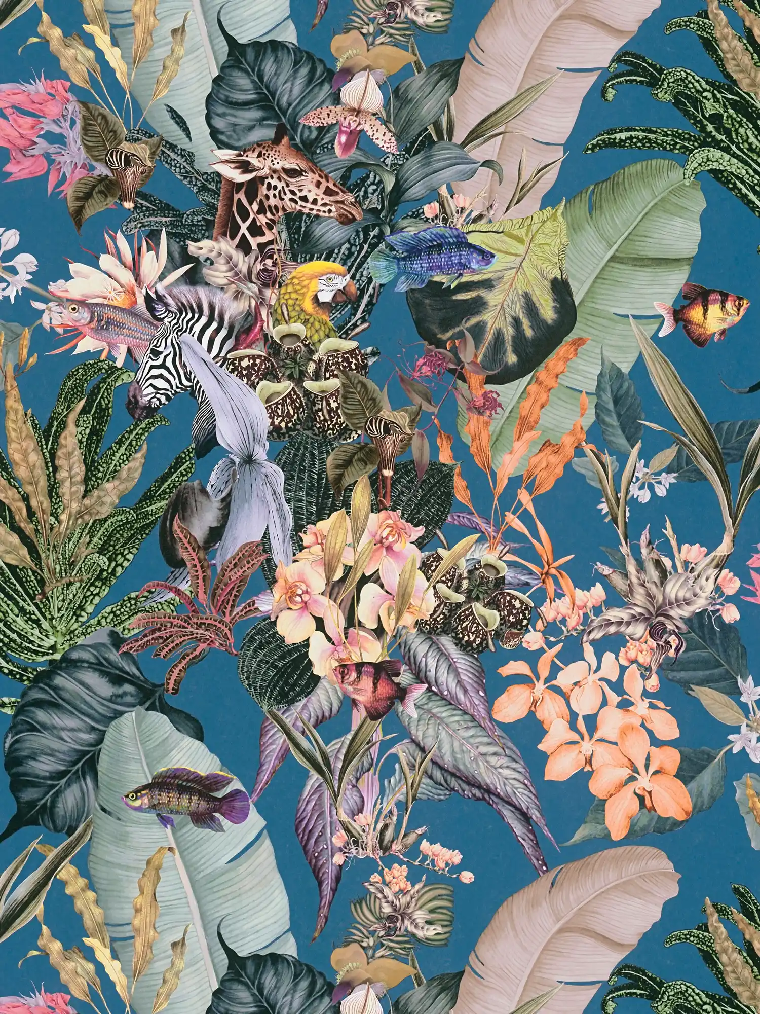 Petrol Tapete Blumen & Tiere bunt – Grün, Blau