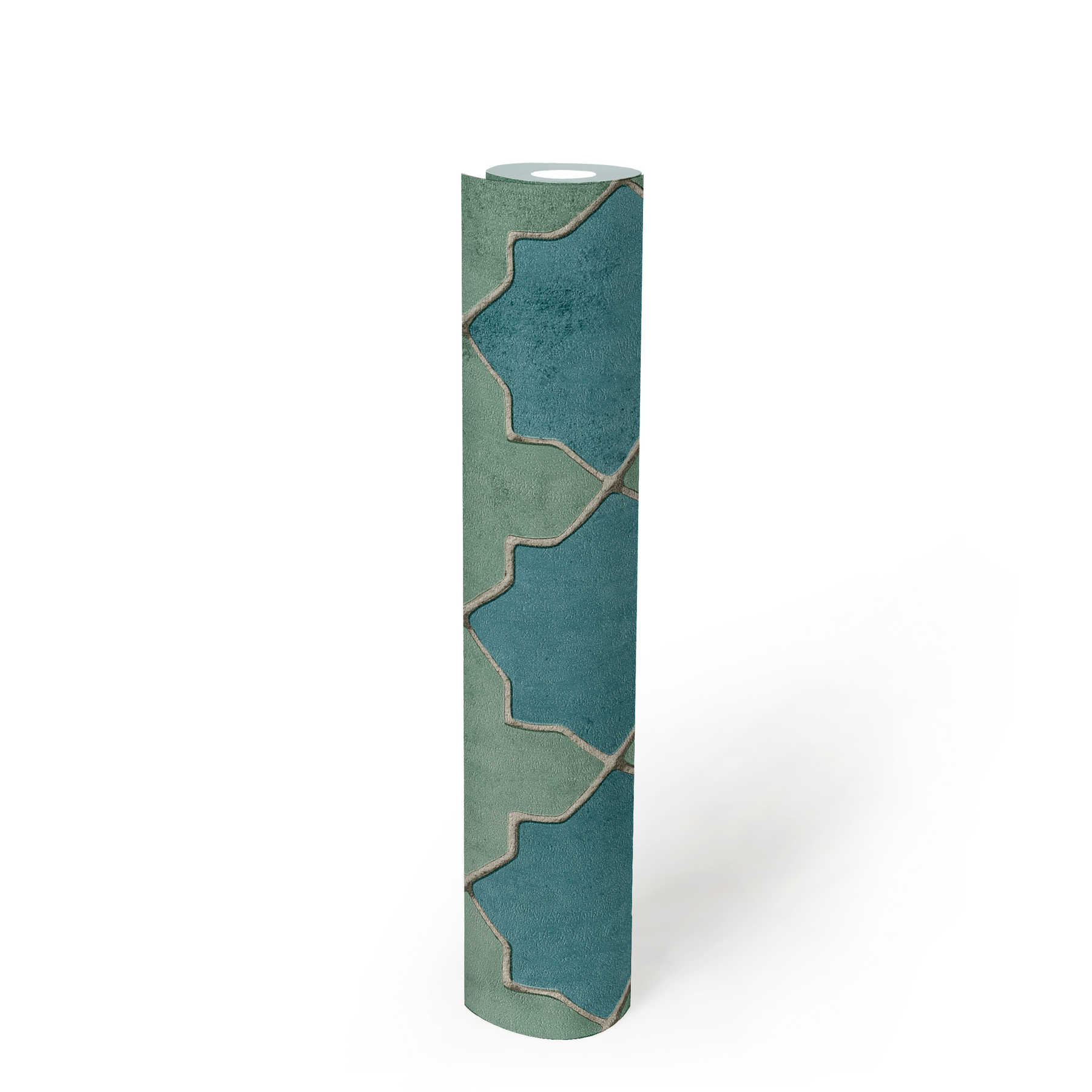             Fliesen-Tapete Mosaik-Optik – Blau, Grün, Beige
        