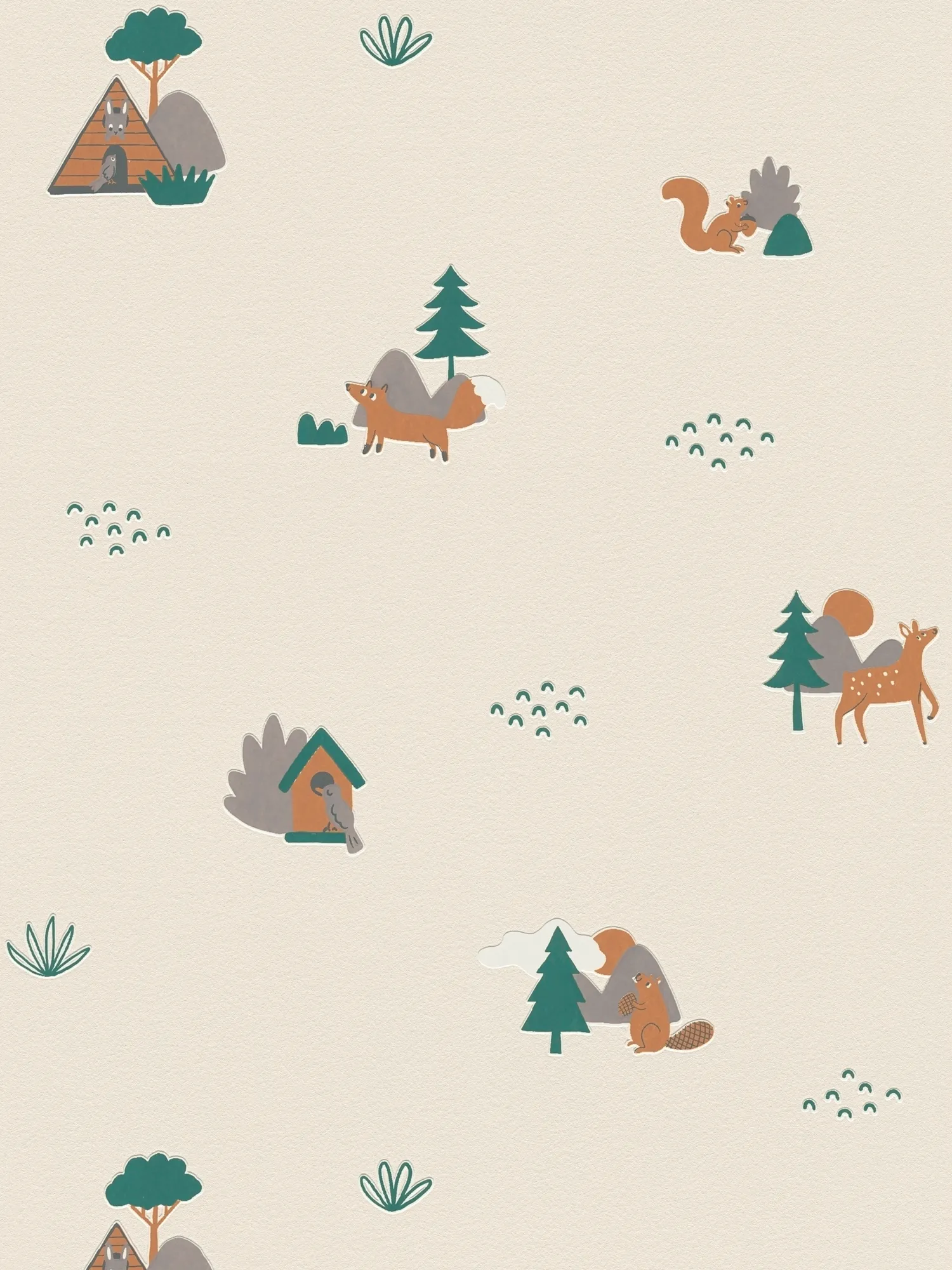 papier peint en papier intissés avec des animaux de la forêt pour chambre d’enfant – joli motif animalier lisse et légèrement brillant – crème, gris