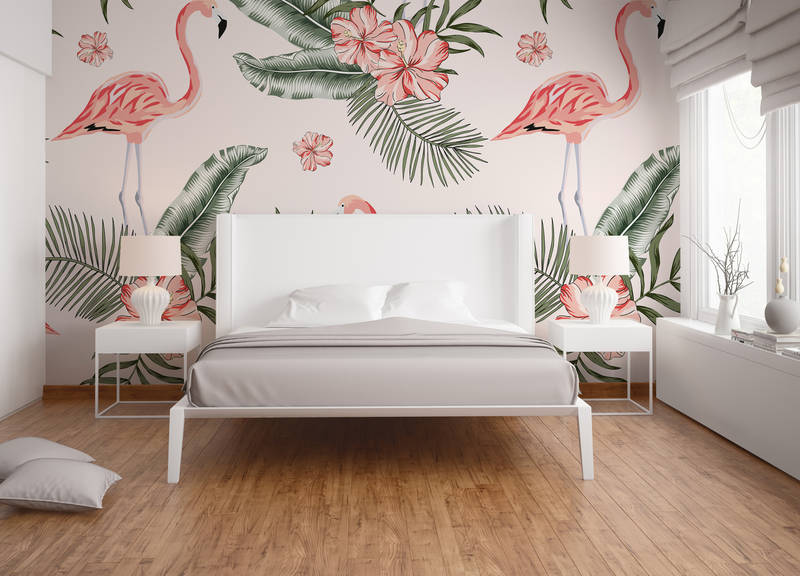             Flamants roses et plantes tropicales - Blanc, Rose, Vert
        