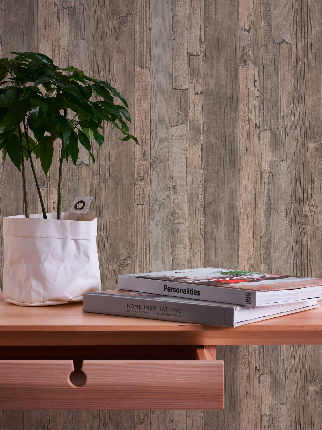             Tapete mit Brettermuster, Holz im Used Design – Beige, Braun
        