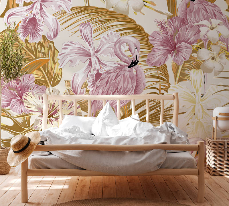             Flamant rose et plantes tropicales - orange, rose, blanc
        