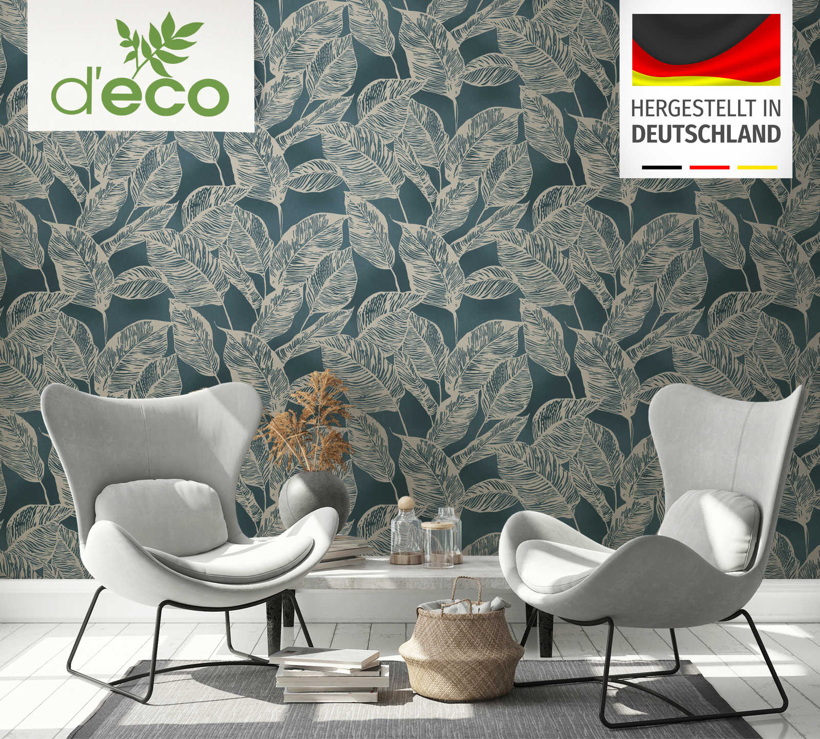             Vliestapete mit Blattmuster PVC-frei – Blau, Braun
        