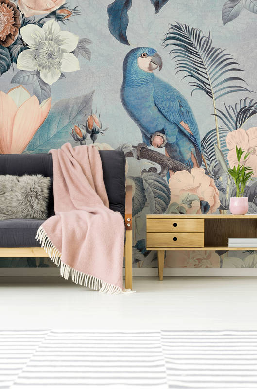 Fototapete Papageien Rendezvous mit Blumendesign – Grün
