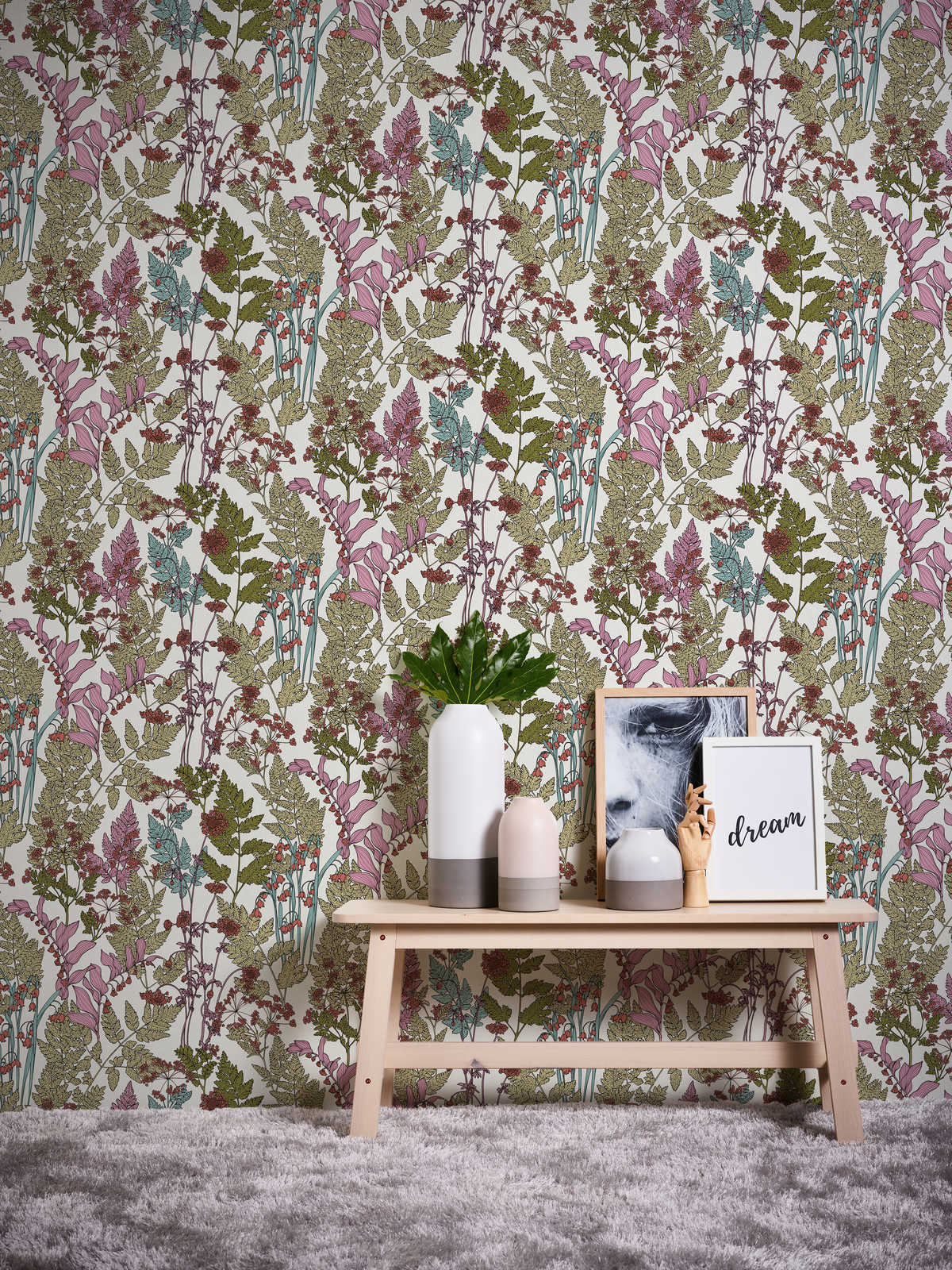             Tapete Blätter & Blumen Design im modern Botanical Stil – Bunt, Grün, Blau
        