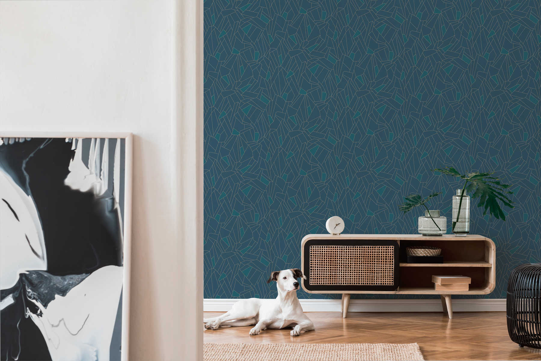             Retro Vliestapete mit Glitzer-Effekt – Blau, Petrol, Beige
        