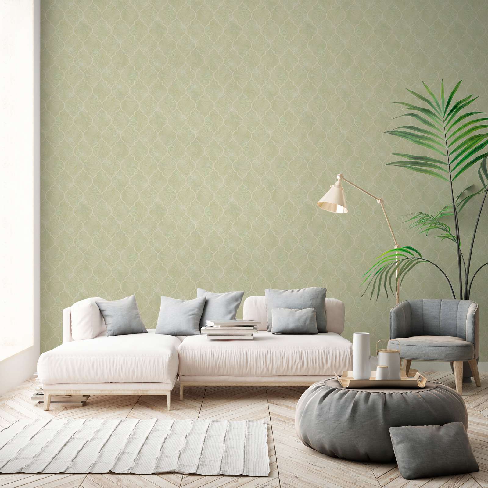             Florale Blätter Tapete mit Fliesen Ornament – Beige
        