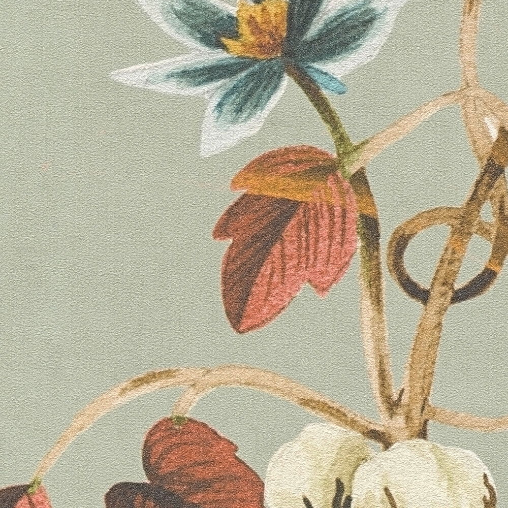             Romantic floral non-woven wallpaper with filigree leaf design, fine surface texture - grey, orange
        