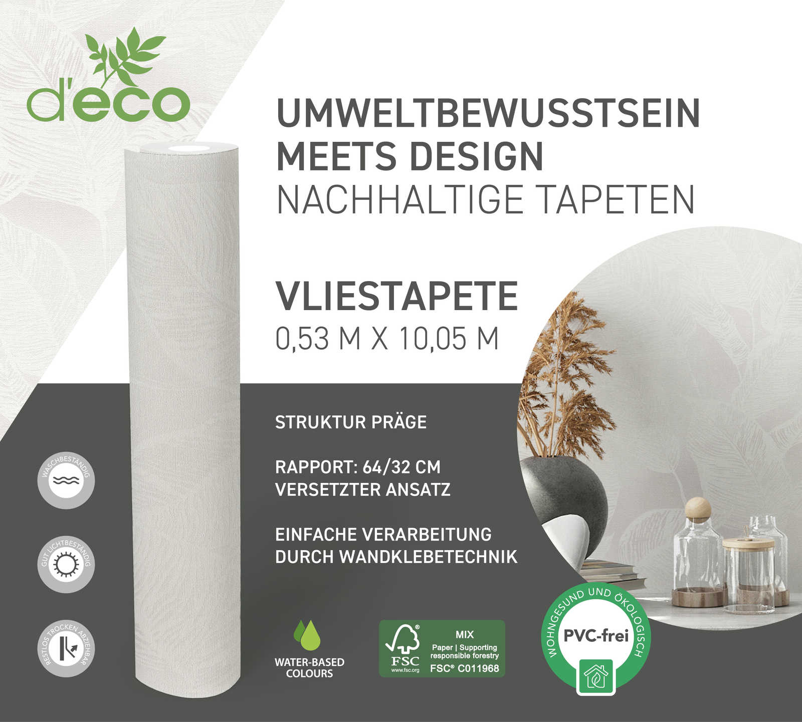             Vliesbehang met bladeren PVC-vrij - wit, grijs
        