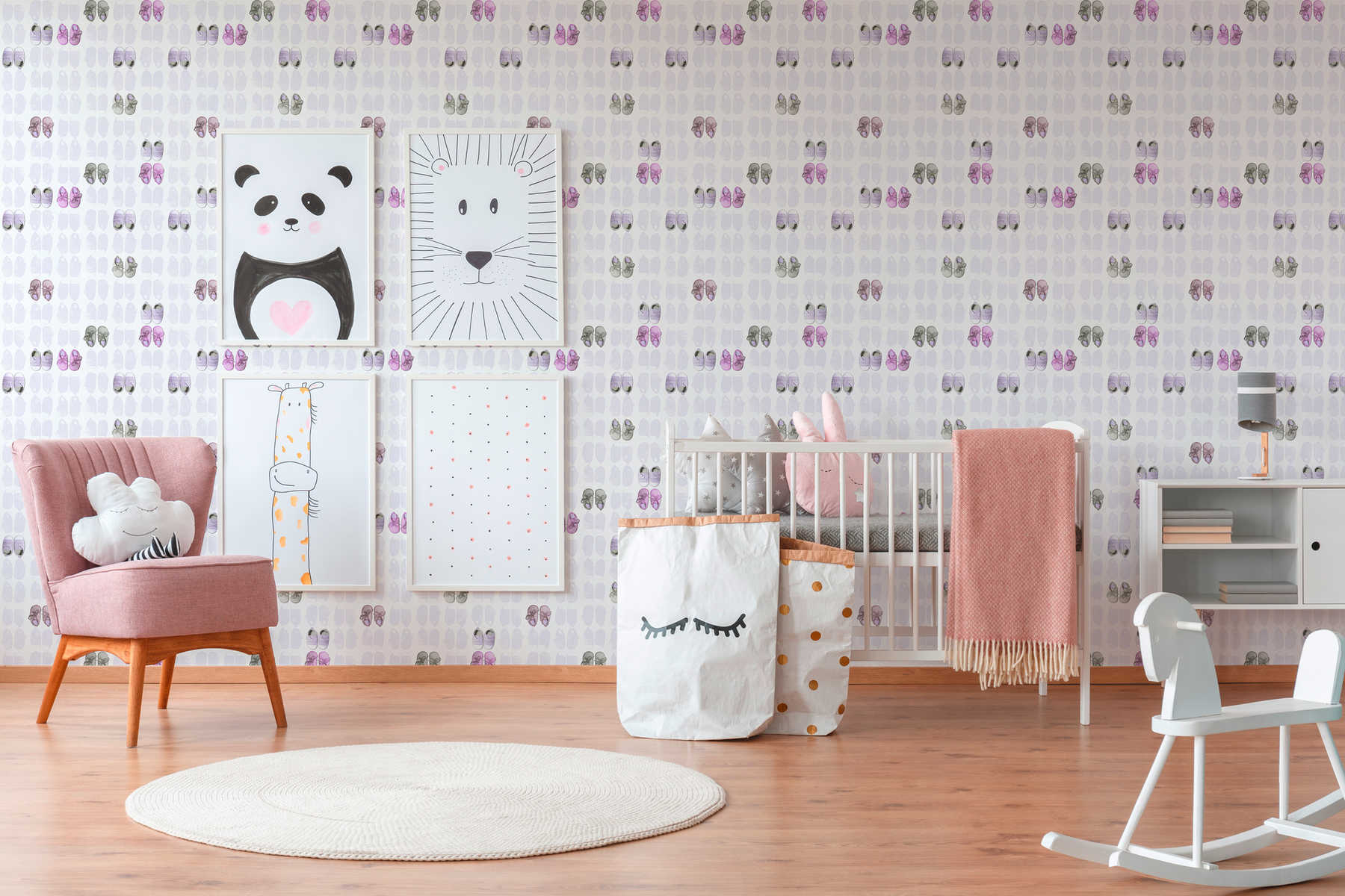 Babyzimmer Tapete Babyschuhe für Mädchen – Rosa, Weiß
