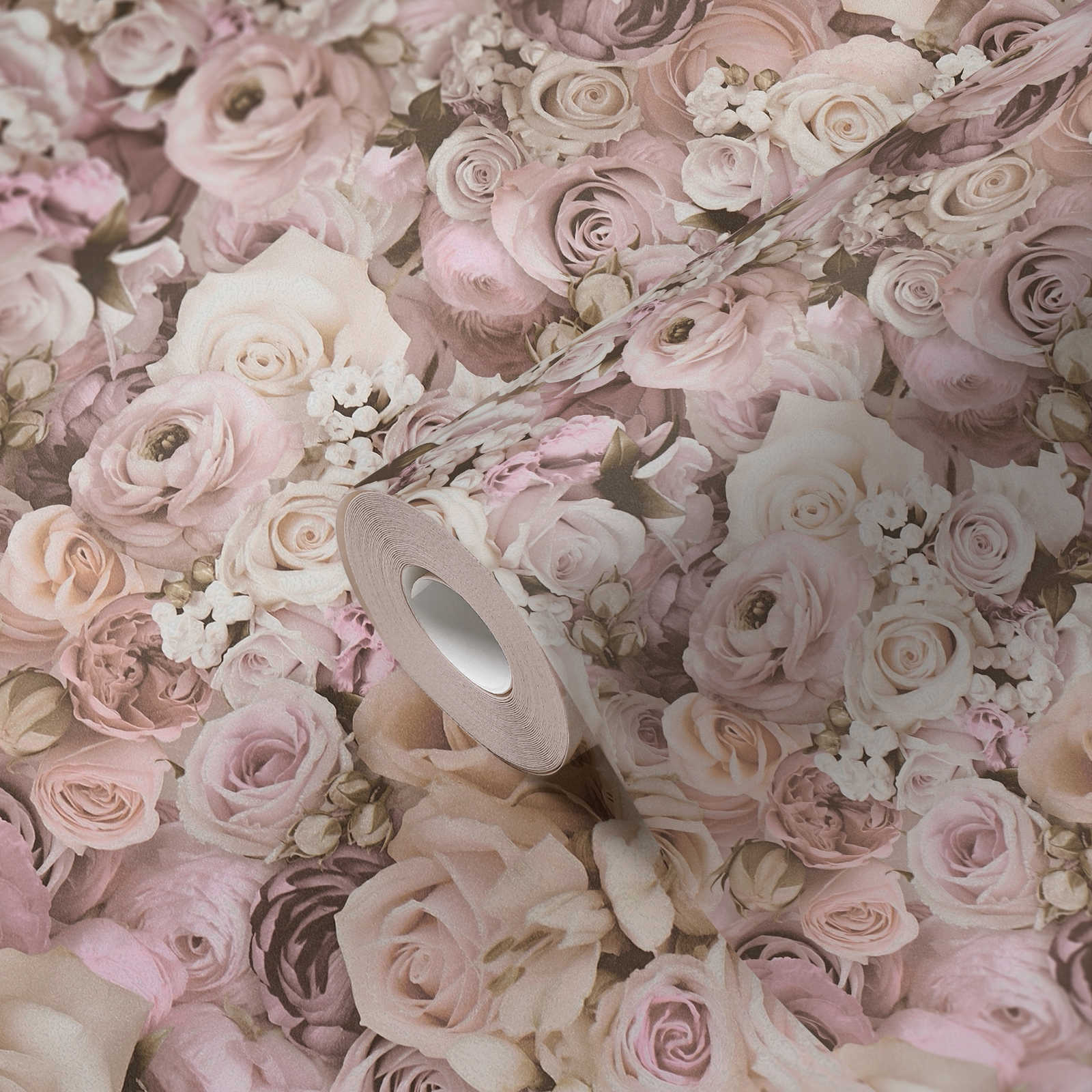             Selbstklebende Tapete | Blumenmuster mit Rosen – Rosa, Creme
        