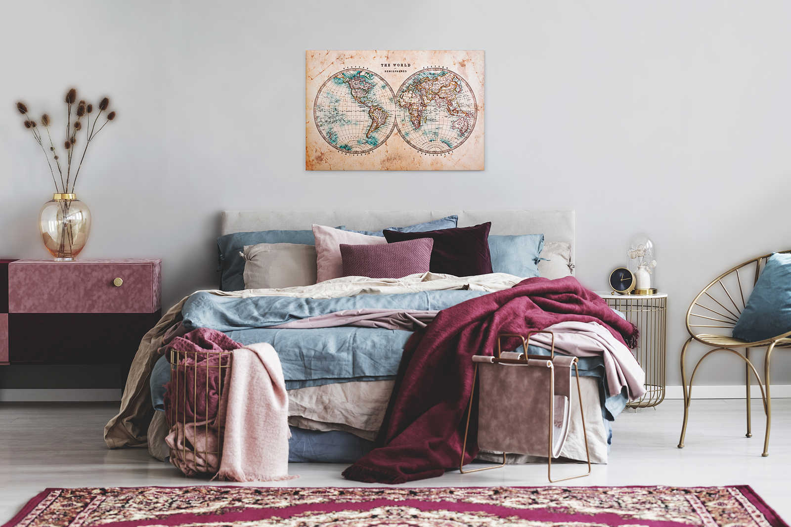 Leinwand mit Vintage Weltkarte in Hemisphären | braun, beige, blau – 0,90 m x 0,60 m