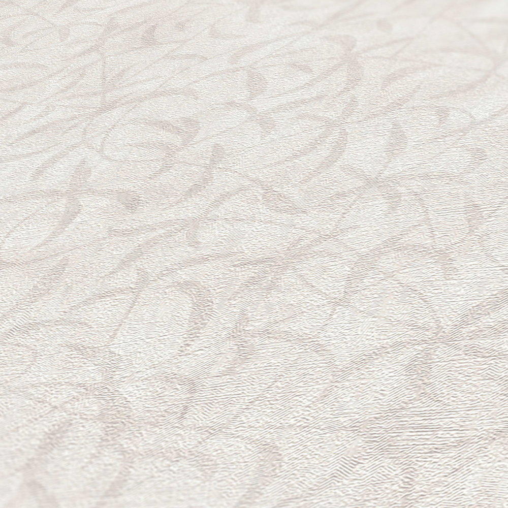             Florale Vliestapete mit Zweigen und Blüten – Creme, Grau, Beige
        