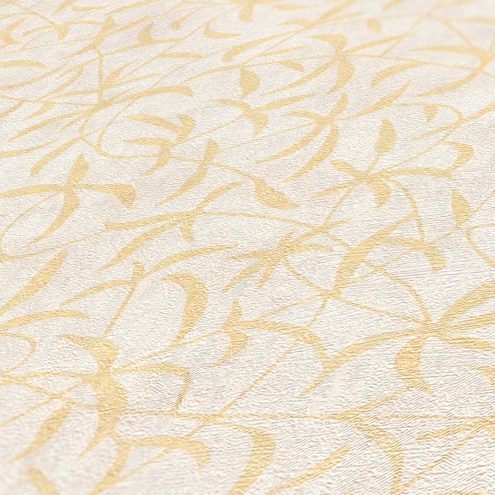 Vliestapete mit Zweigen und Blüten – Creme, Beige, Gelb