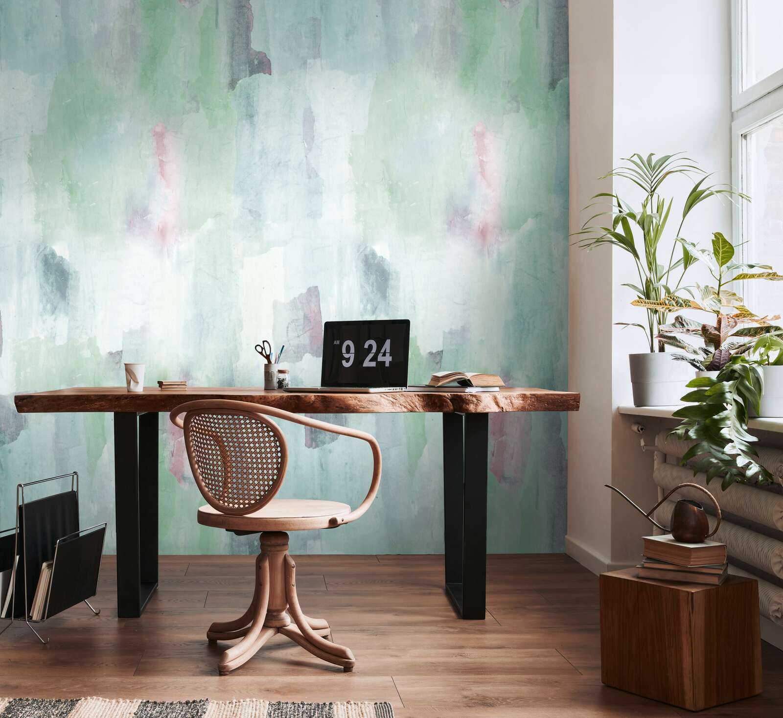         Non-woven wallpaper panel "Meadow Dreams "159cm wide x 280cm high - Stylish watercolour look in fresh pastel shades, smooth - blue, green
    