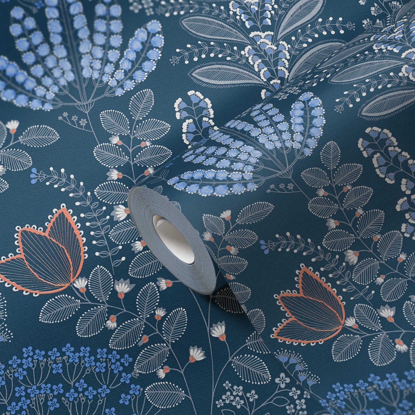 Vliestapete floral mit Blättern im Retro-Look leicht strukturiert, matt – Blau, Weiß, Grau
