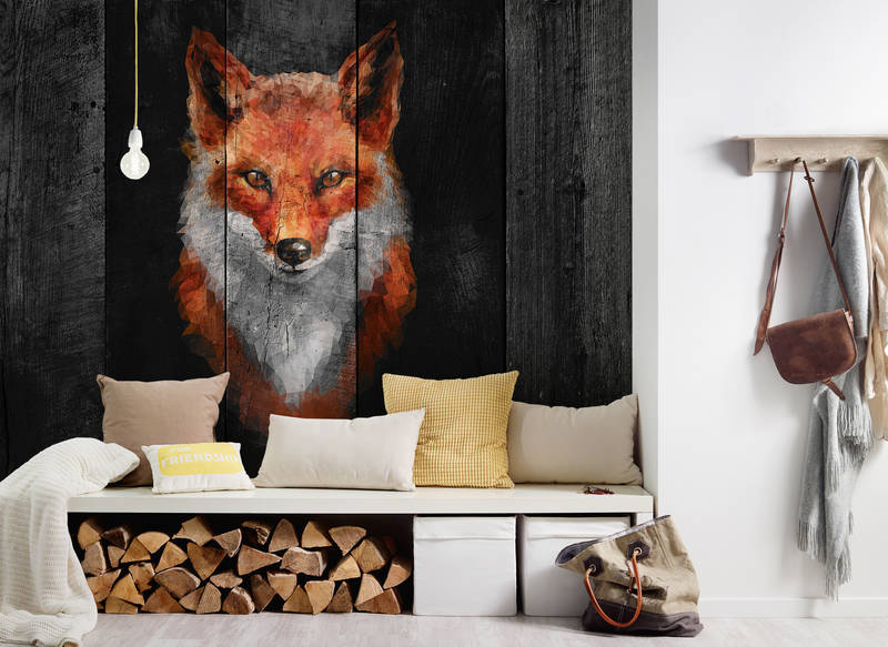             Papier peint panoramique imitation bois avec design renard - orange, blanc, gris
        