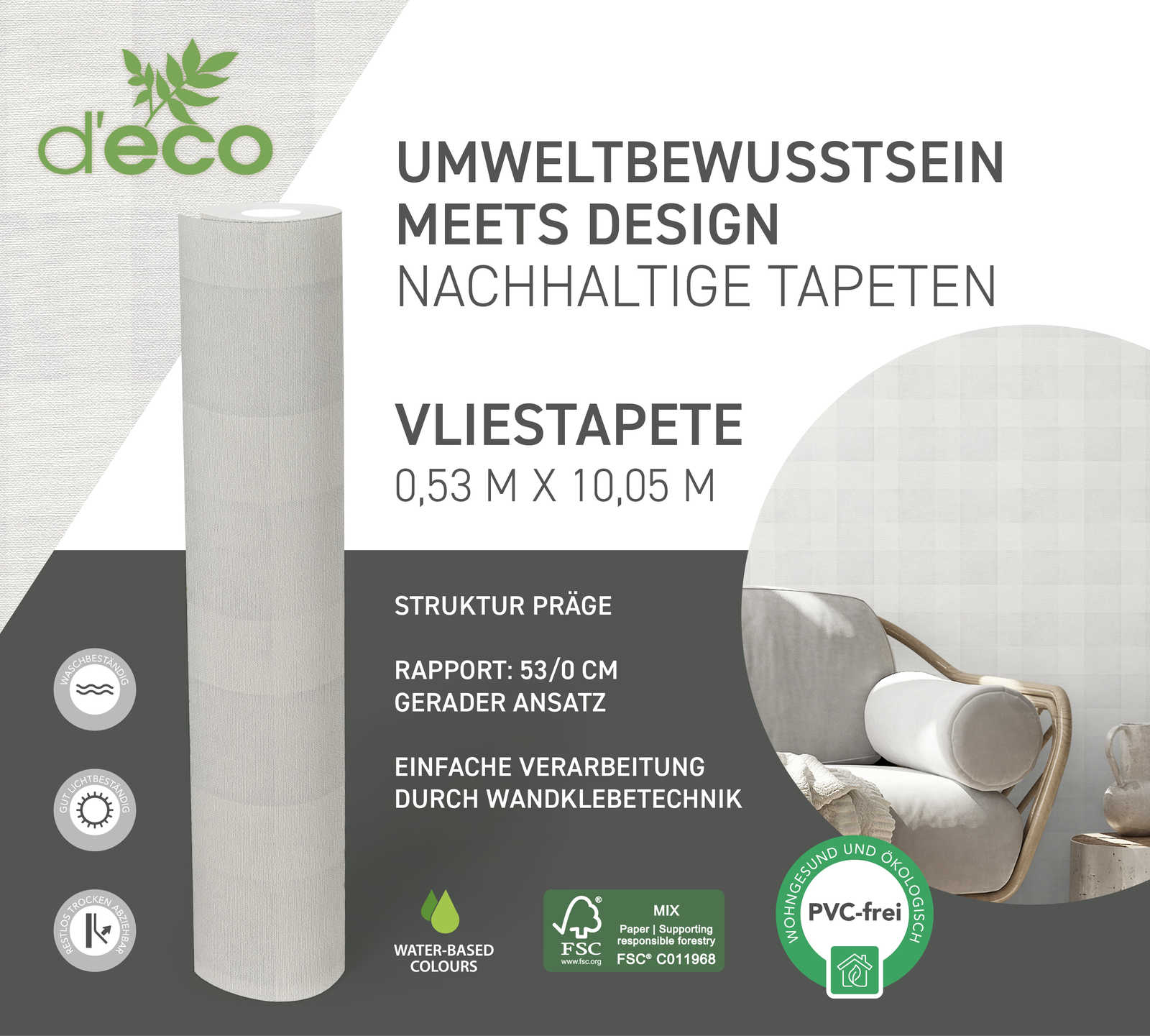             Leinenoptiktapete mit Karomuster PVC-frei – Grau
        