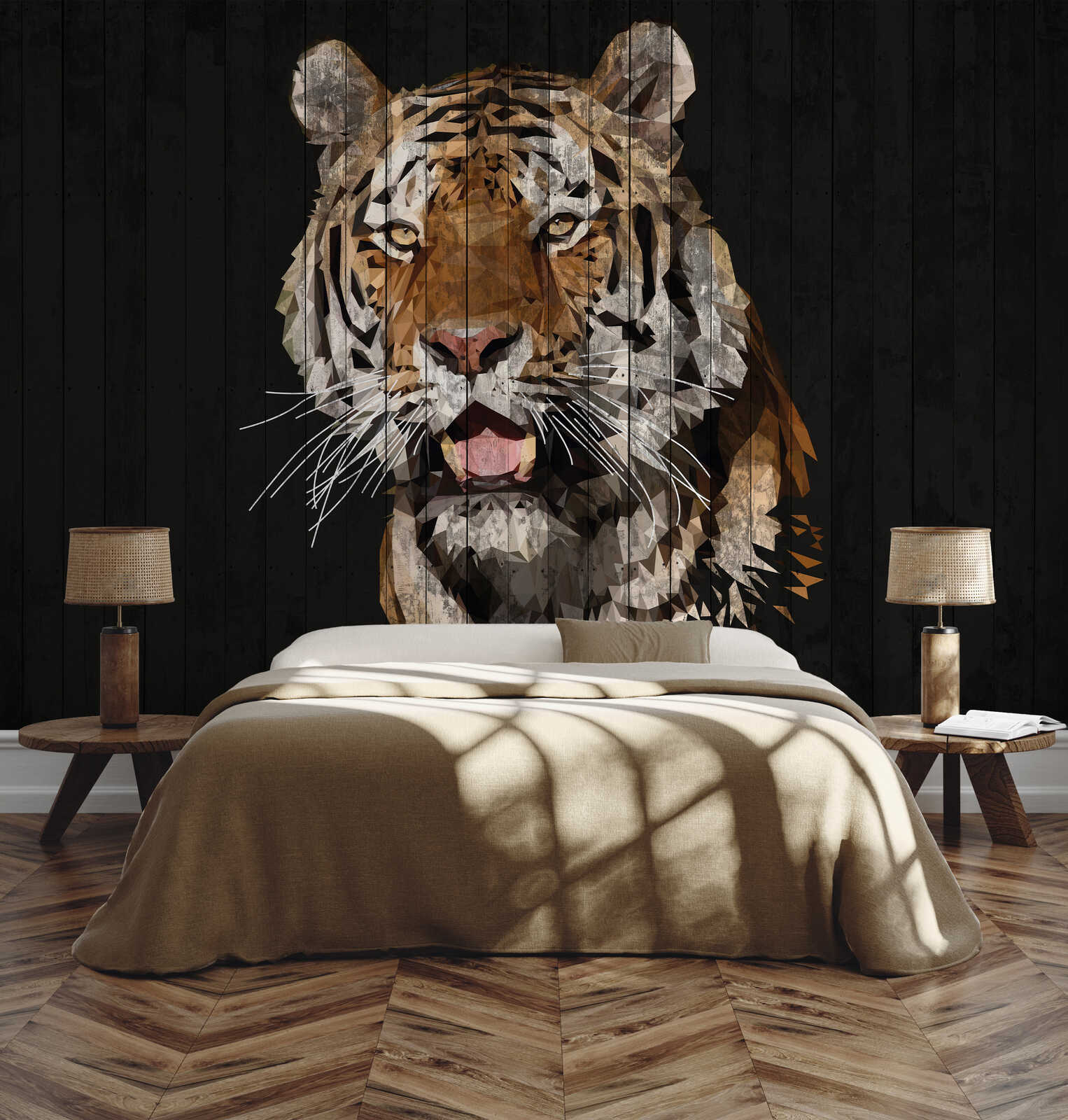 Tiger-Motiv Wandbild, Geometrischer Tiger, Wandbilder, Schlafzimmer Dekor, Dunkler Holzhintergrund
