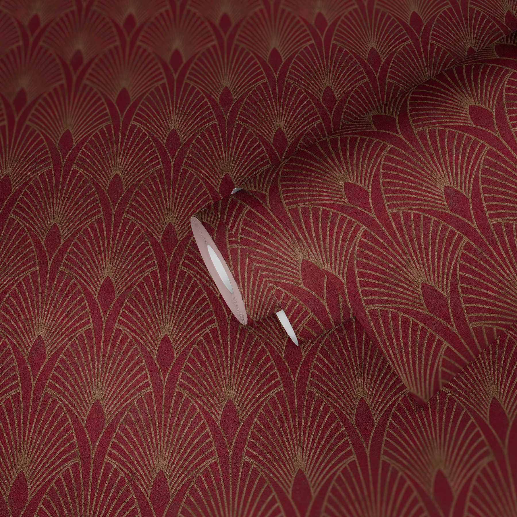             Art Déco Tapete goldenes Retro Muster – Rot, Gold
        