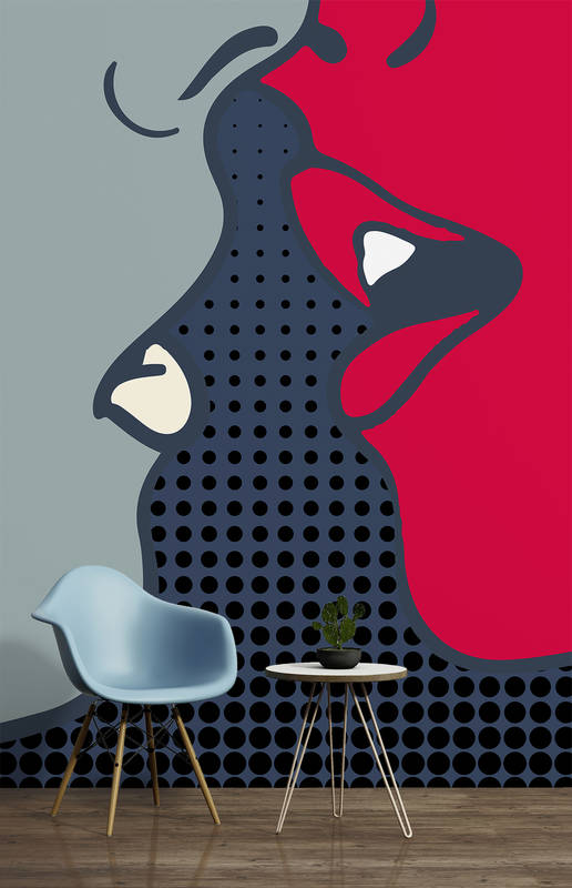 abstrakte wandkunst, Punkthmuster, roter/blaugrauer Hintergrund, Frauensilhouette, Dekorationswandbild