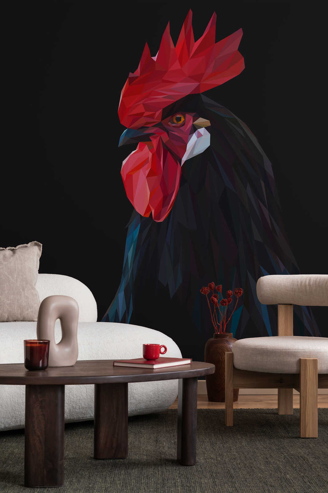 Rooster mural, Geometric art, Hintergrundwand, Rotes Hahnbild, Wanddekoration