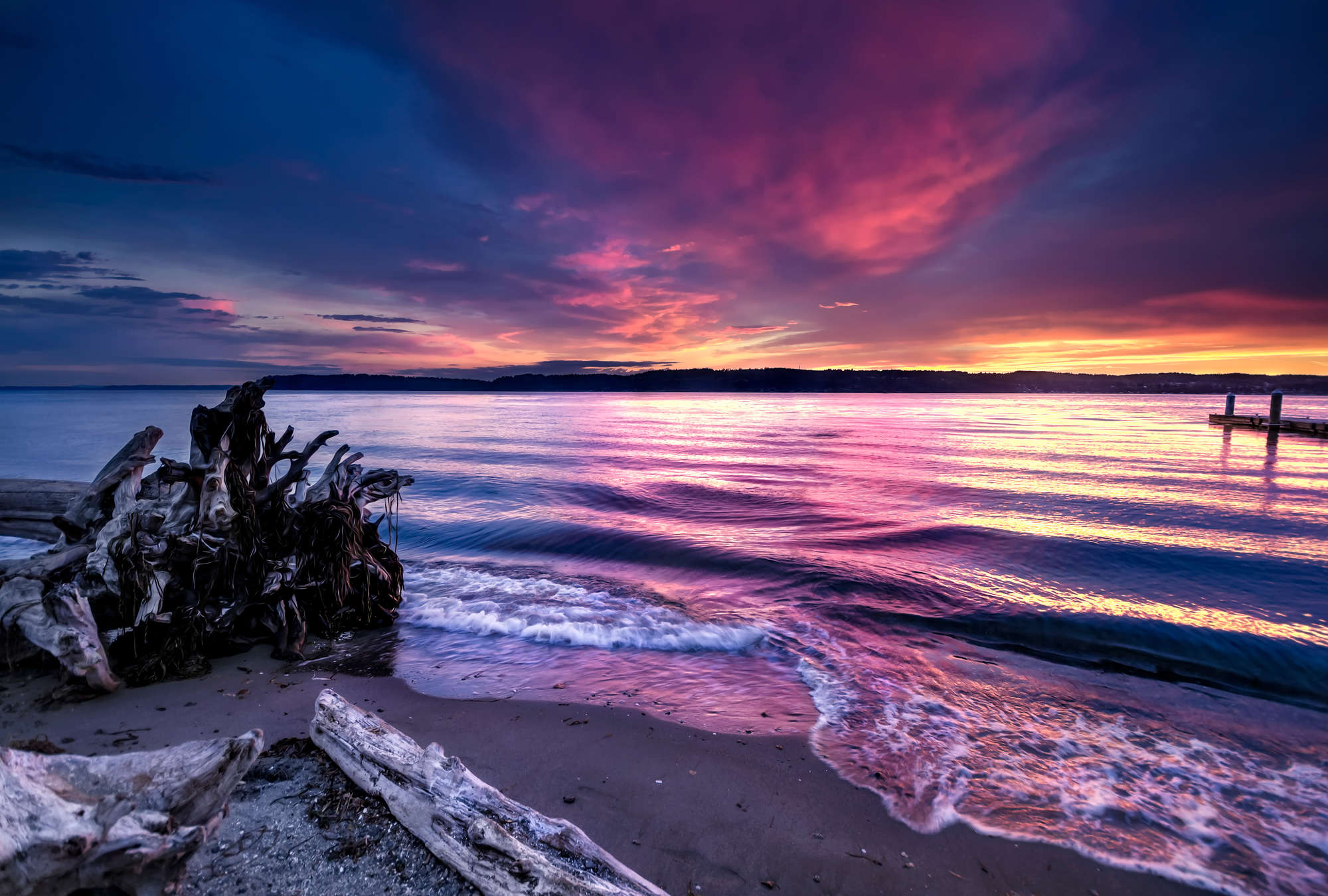 strand, sonnenuntergang, meer, driftwood, wellengang