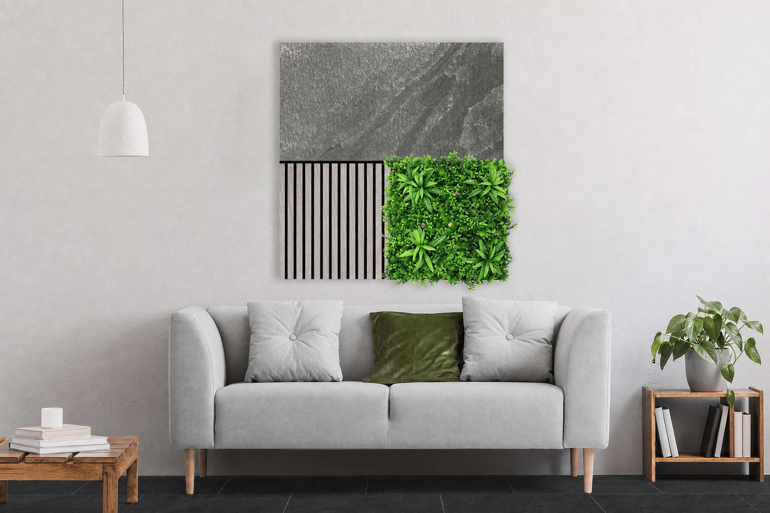 sofa, couch, wohnzimmer, wanddekoration, grüne pflanze