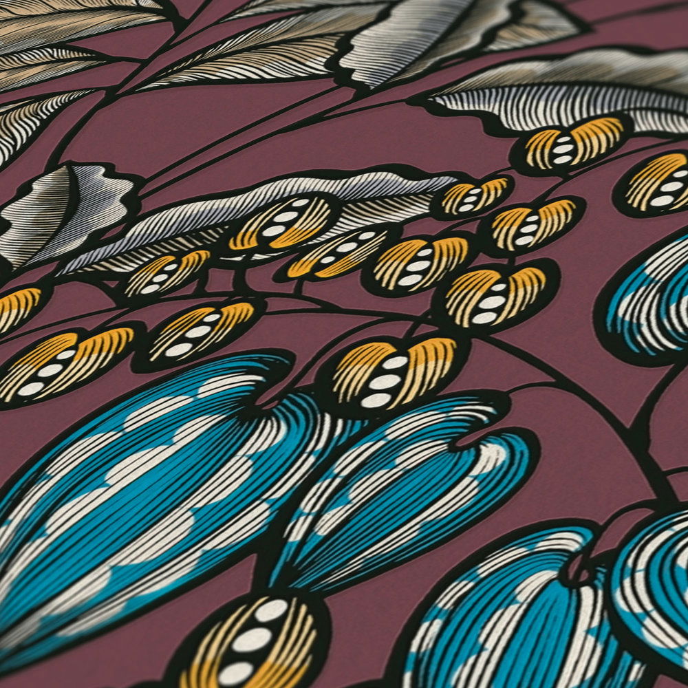             Florale Tapete Lila mit Blätter Print im Scandinavian Stil
        