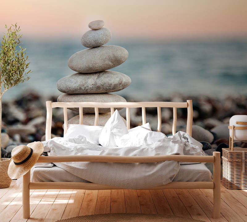             Digital printing wallpaper with stone tower by the sea - grey, blue
        