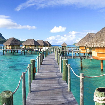 boardwalk, overwater-bungalows, turquoise-water, pier, beach-resort