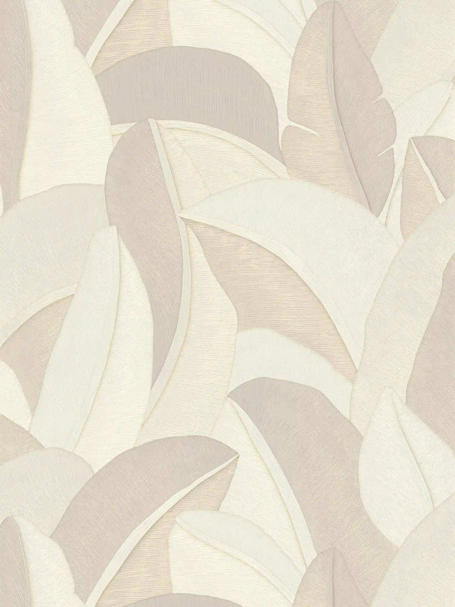 Moderne Botanical Vliestapete mit überlappenden Blattformen strukturiert – Creme, Weiß, Metallic