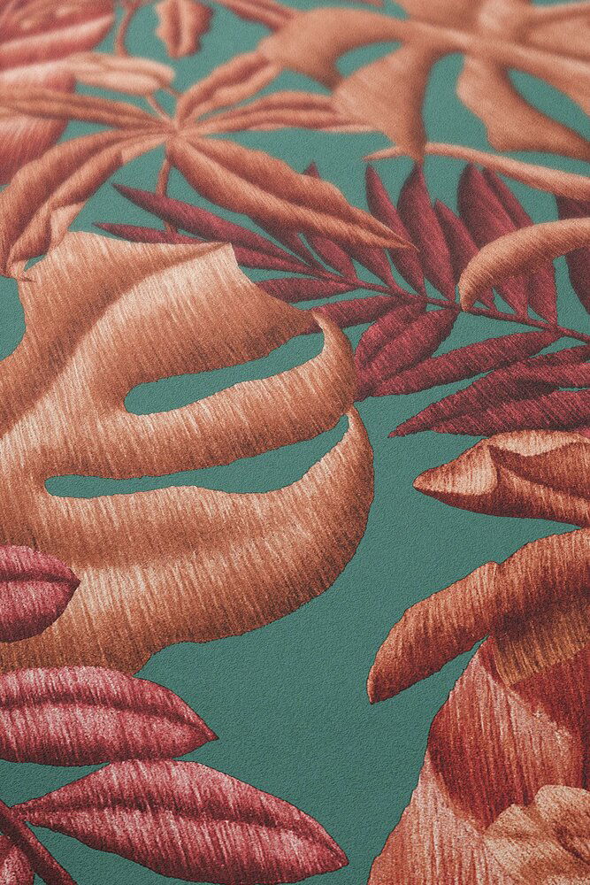             Onderlaag behang met grootschalig bladmotief varen & bananenbladeren - rood, oranje, turkoois
        