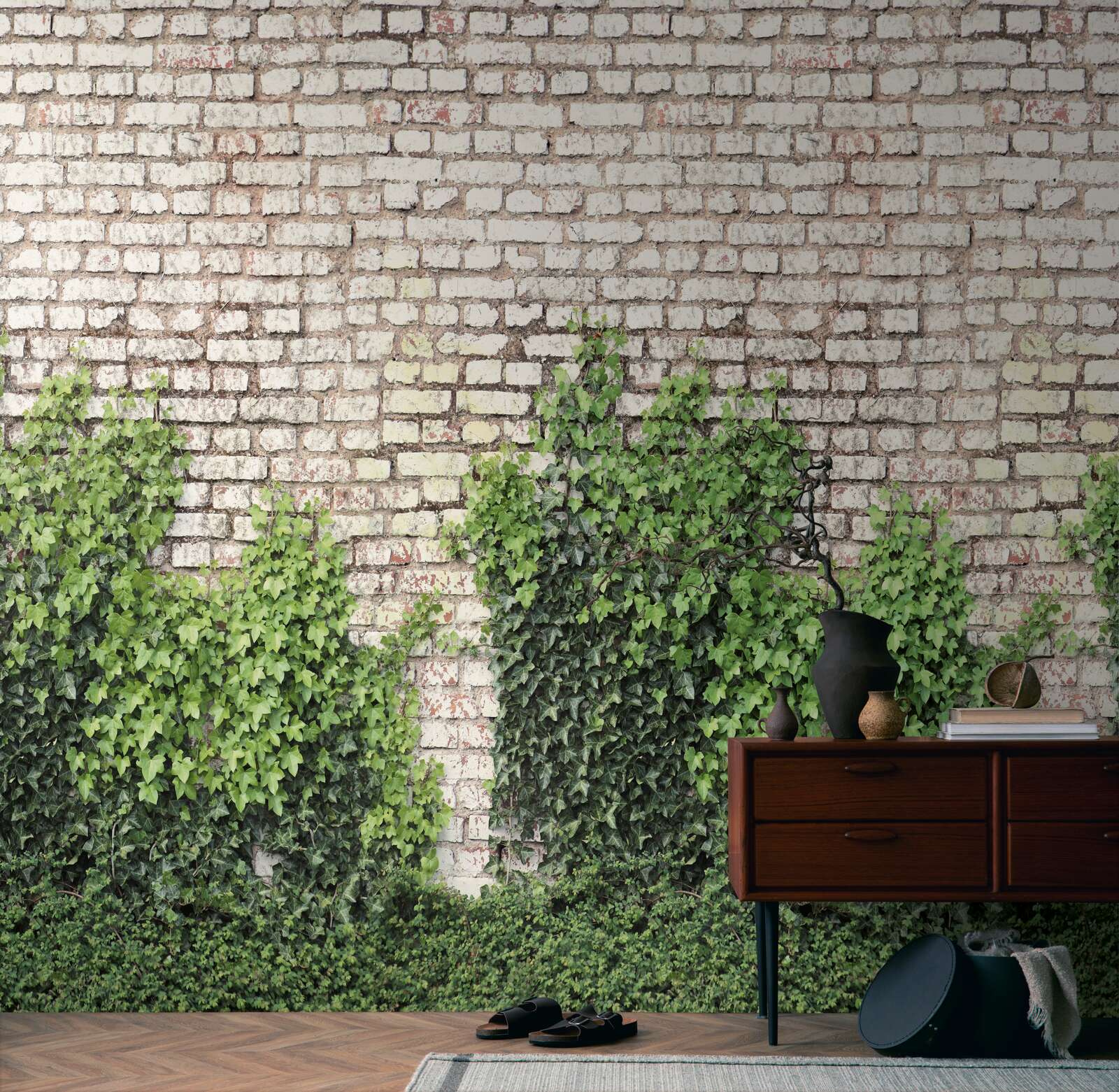 Moderne Vliestapete mit Backsteinmauer und Efeu im natrlichen Urban Look  matt & glatt - Beige