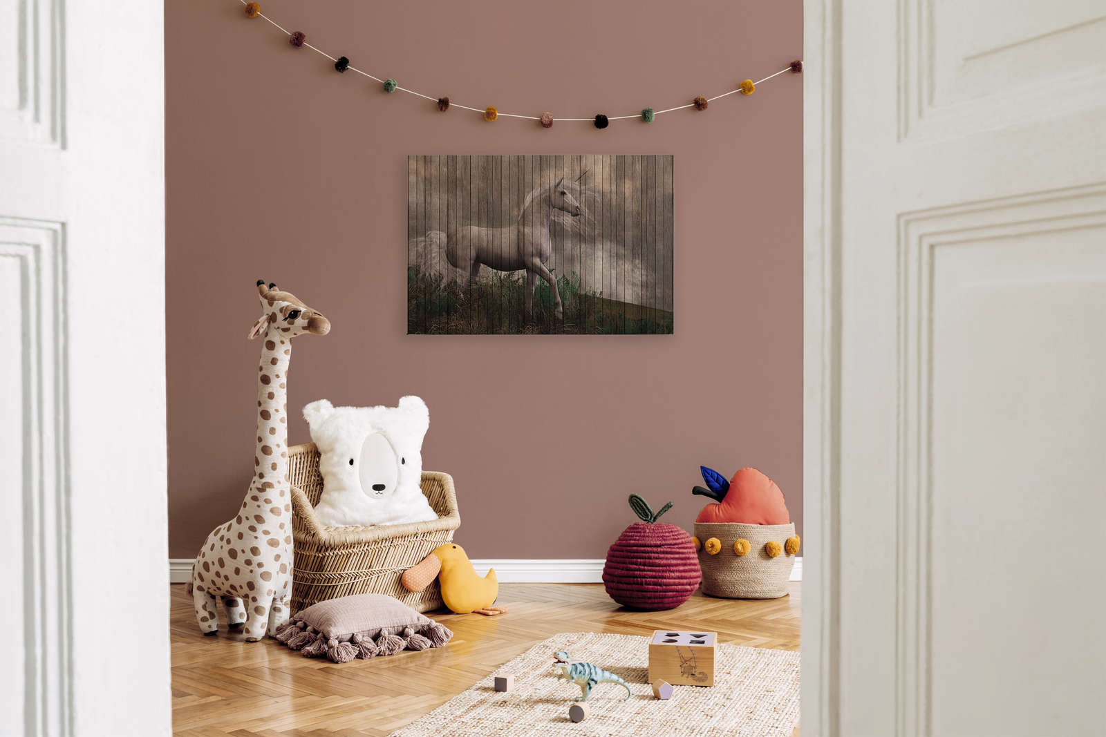             Fantasy 3 - Einhorn Leinwandbild mit Holzbrettoptik – 0,90 m x 0,60 m
        