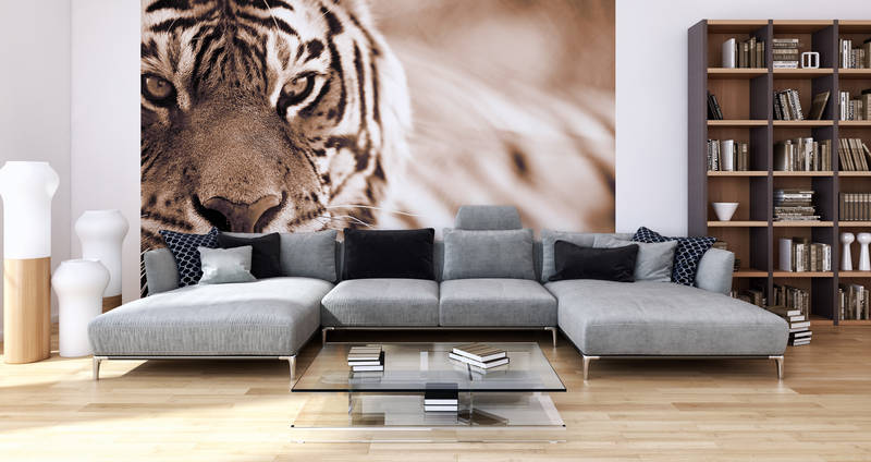 Tiger-Mural, Sofa, Graues-Sektionssofa, Glas-Couchtisch, Bücherregal