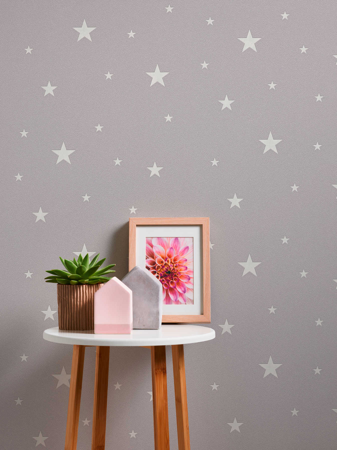 deko-figur, wohnzimmer-deko, pflanze, rahmen-bild, stern-muster-wand