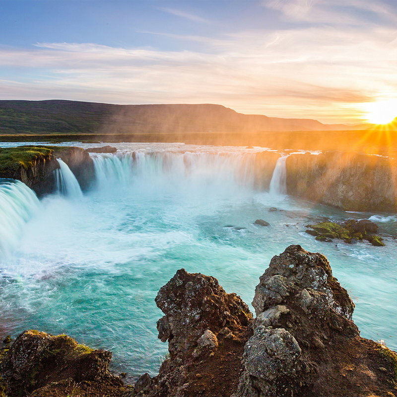 wasserfall, flussgebiet, sonnenuntergang, felsenküste, turqusiertes wasser