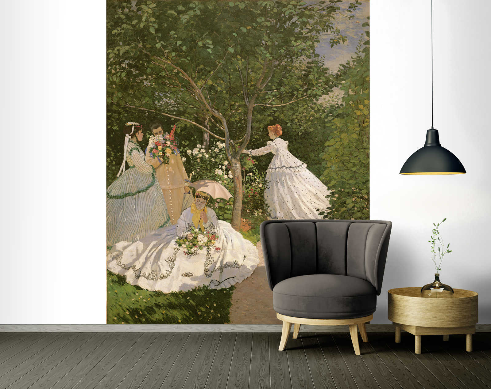 Wandbild, Gartenidylle, Damenkleid, Blumenstrauß, Tapisserie