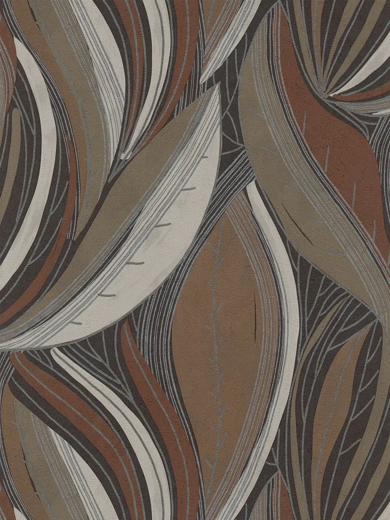             Extravagante und fein strukturierte Vliestapete mit geschwungenem, dynamischem Blätter-Design – Braun, Schwarz, Grau
        