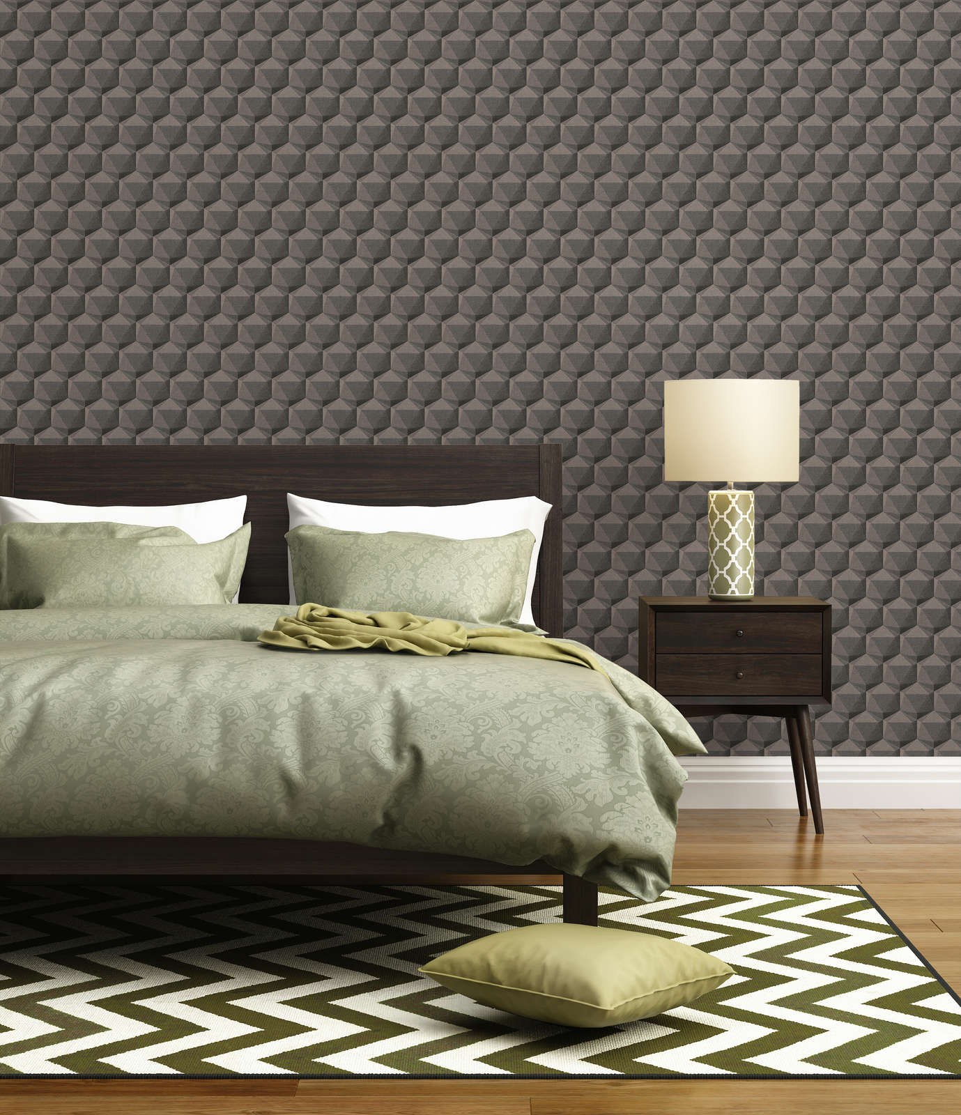 Grafiktapete 3D Optik mit Polygonmuster – Grau, Beige, Schwarz