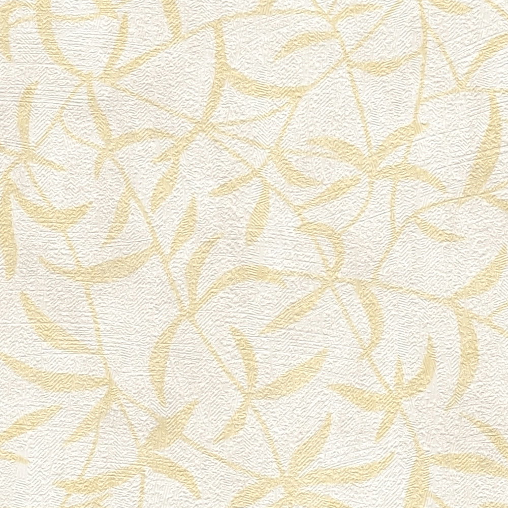 Vliestapete mit Zweigen und Blüten – Creme, Beige, Gelb