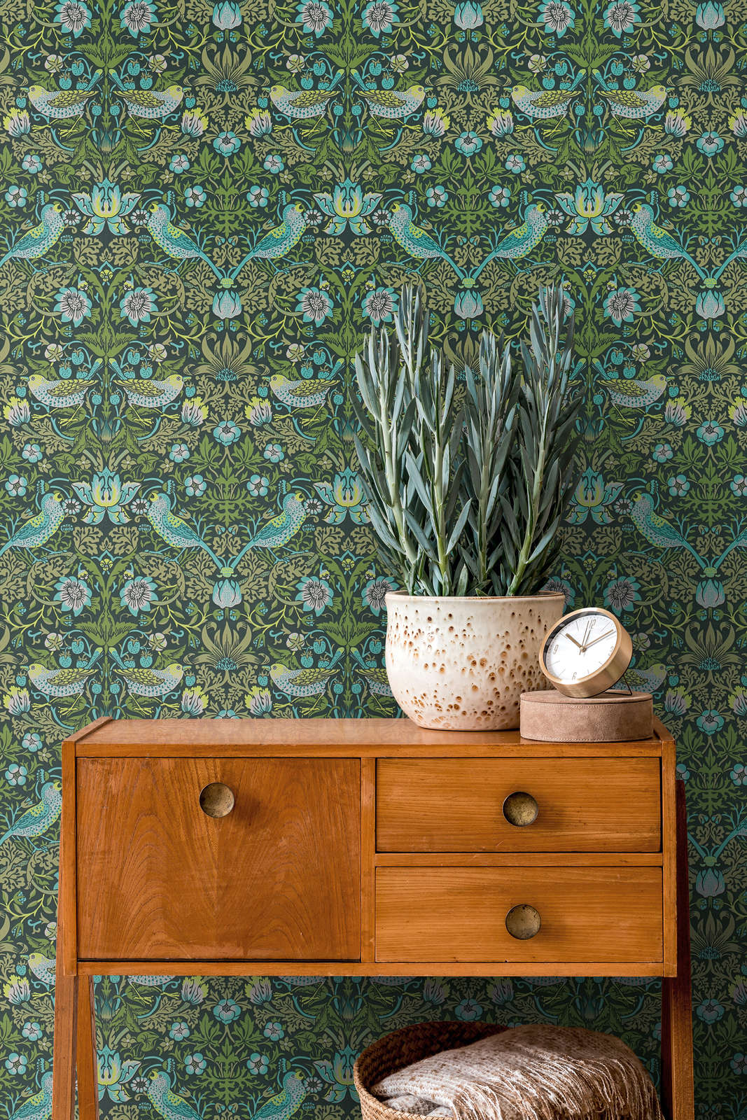 Vliestapete Blumenmuster mit Vögel – Grün, Blau, Schwarz