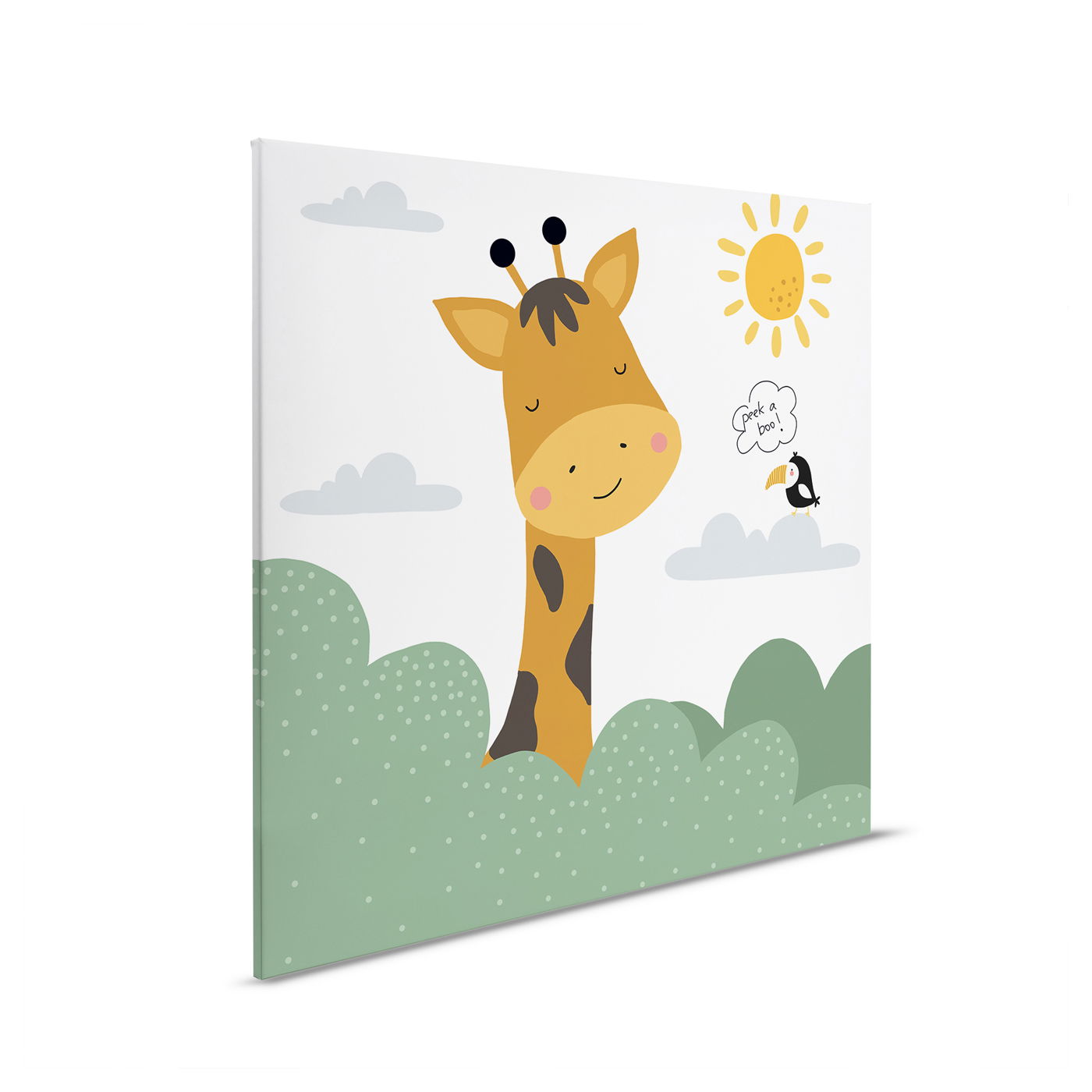         Girafe souriante - Tableau sur toile pour chambre d'enfant avec motif de jungle mignon - 30 x 30 cm - Vert, Blanc
    