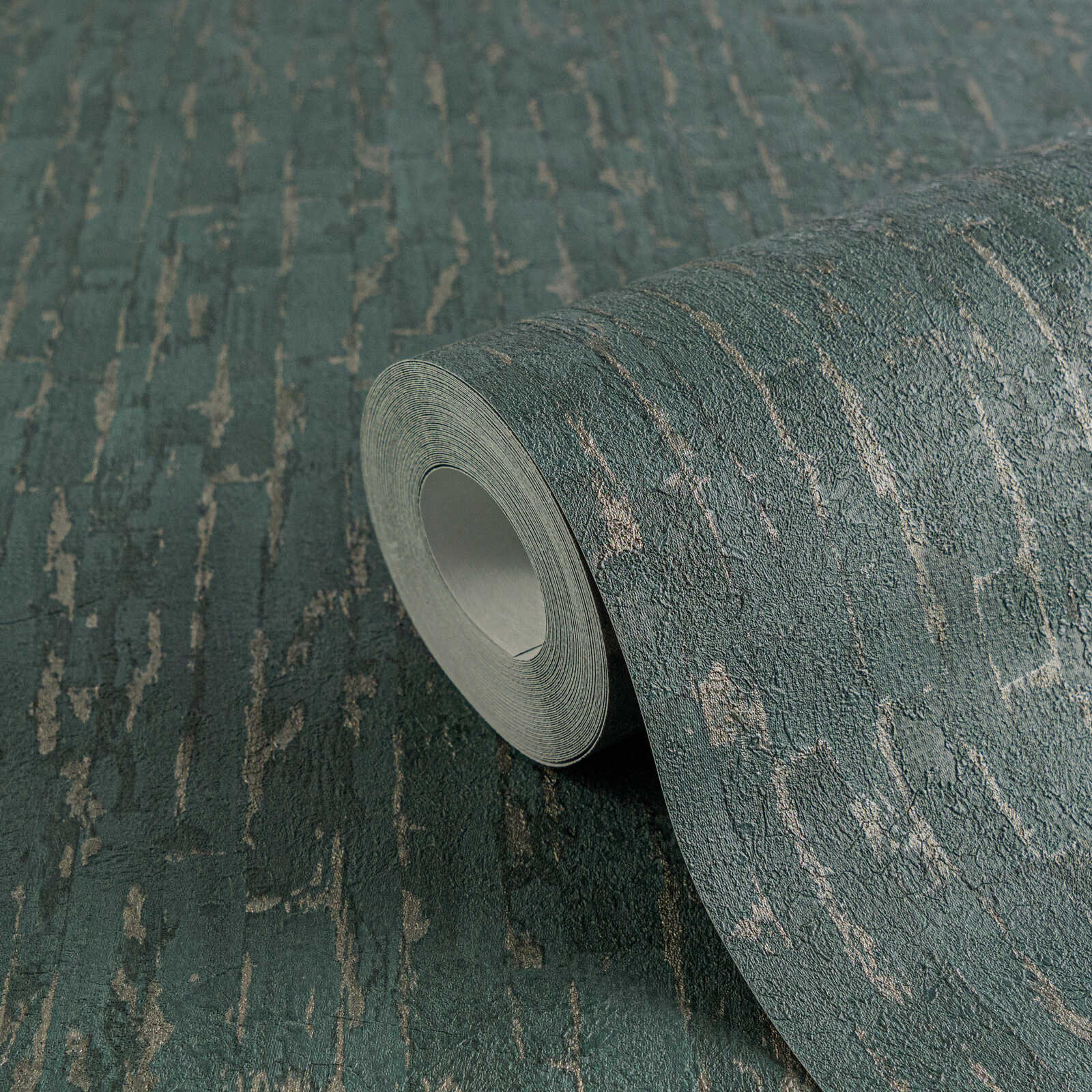 Dunkle und dezente Vliestapete mit Weboptik und leichter Struktur – Blau, Grün, Metallic