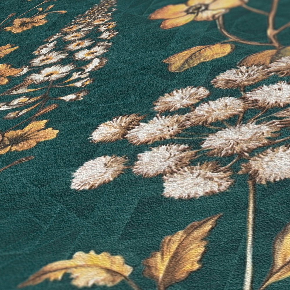 Florale Vliestapete mit Blumenmuster auf grafischen Hintergrund – Petrol, Orange, Gelb