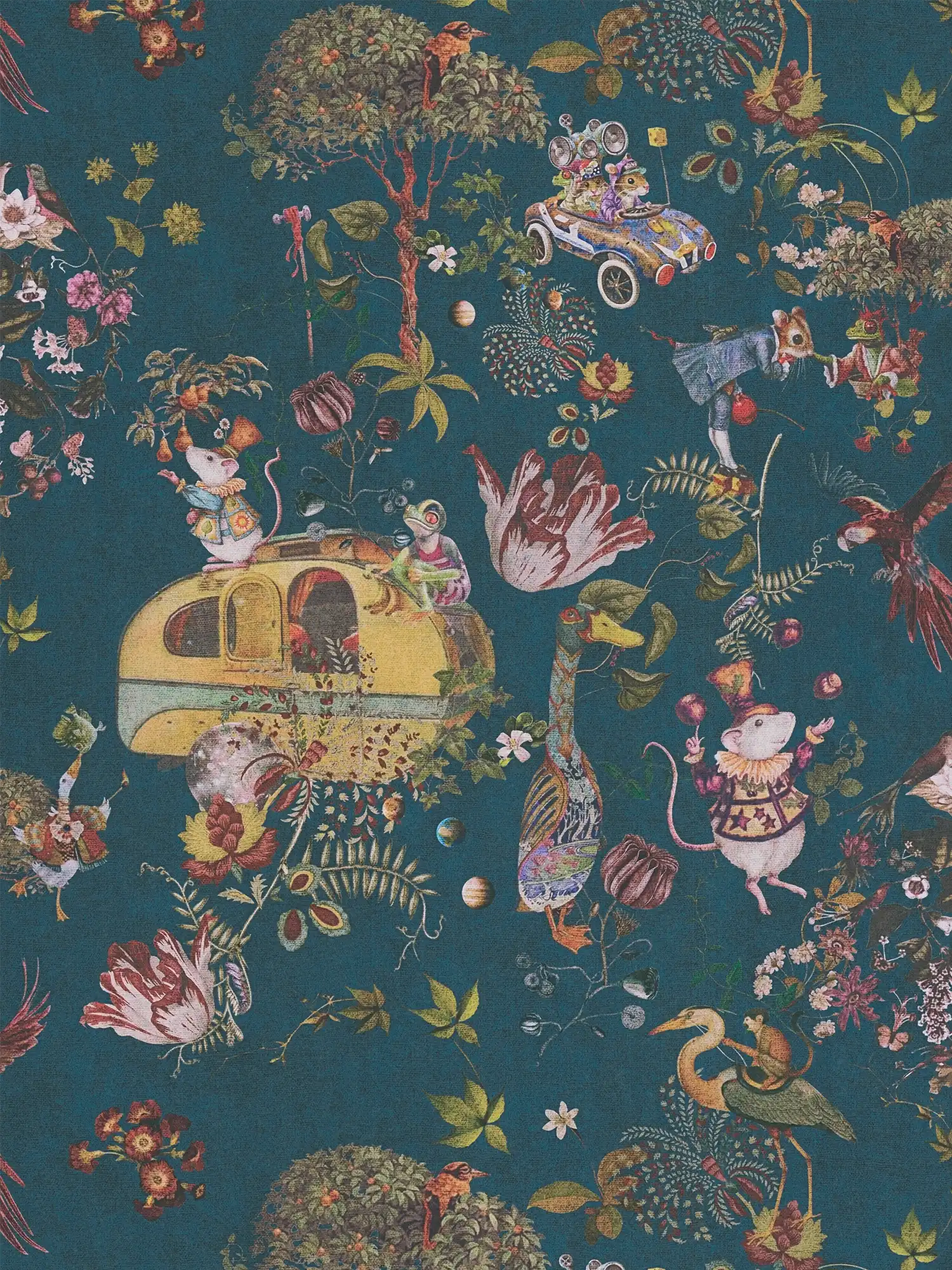         Féérique chambre d'enfant papier peint intissé avec des animaux de la forêt - bleu, jaune, vert
    