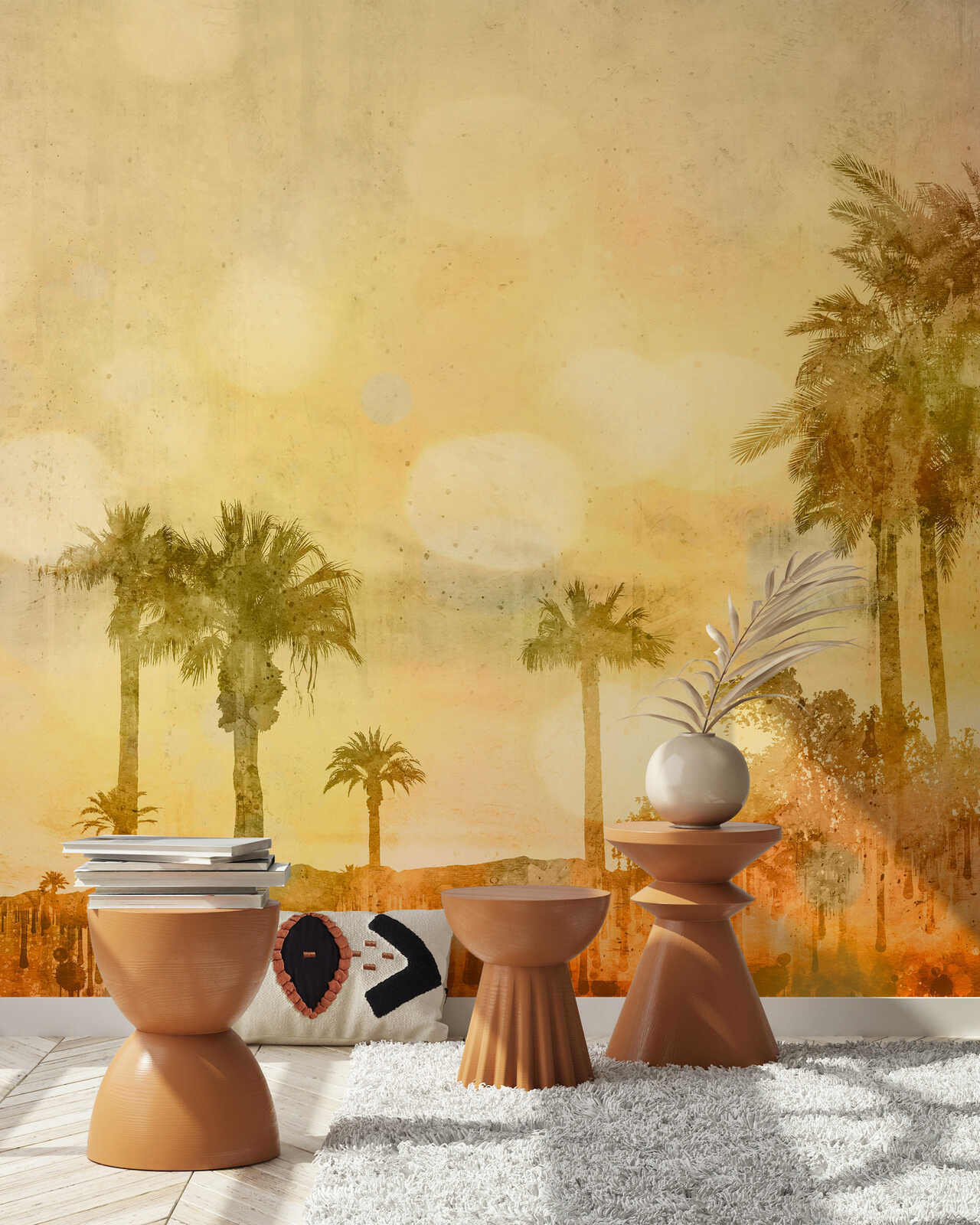 tropische wand, palmen wandbemalung, orange palette, dekorativer tisch, pflanzendekor