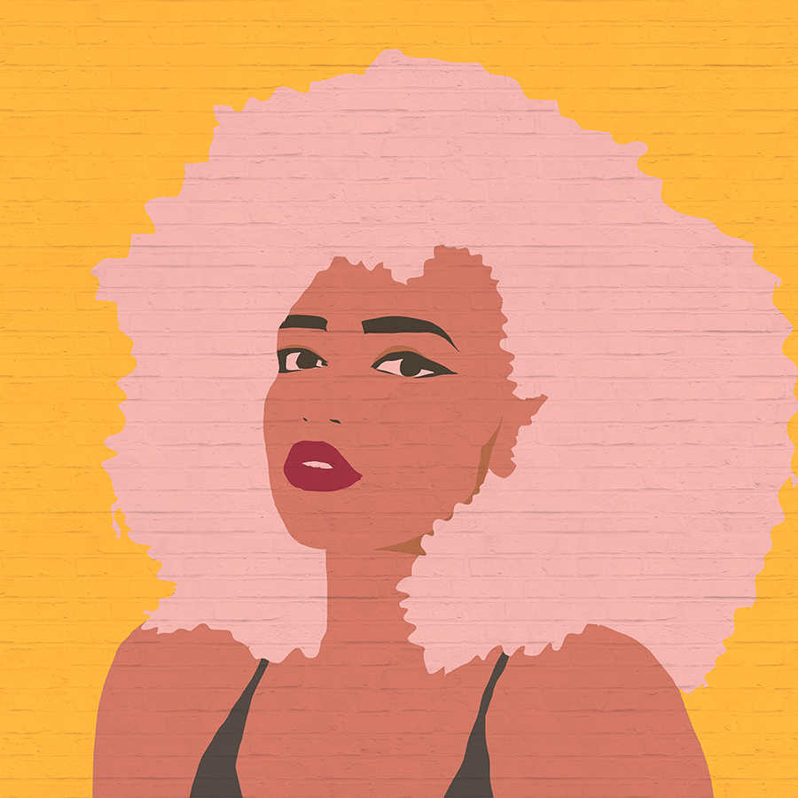Portrait, Illustration, Afro, Pink hair, Yellow background
