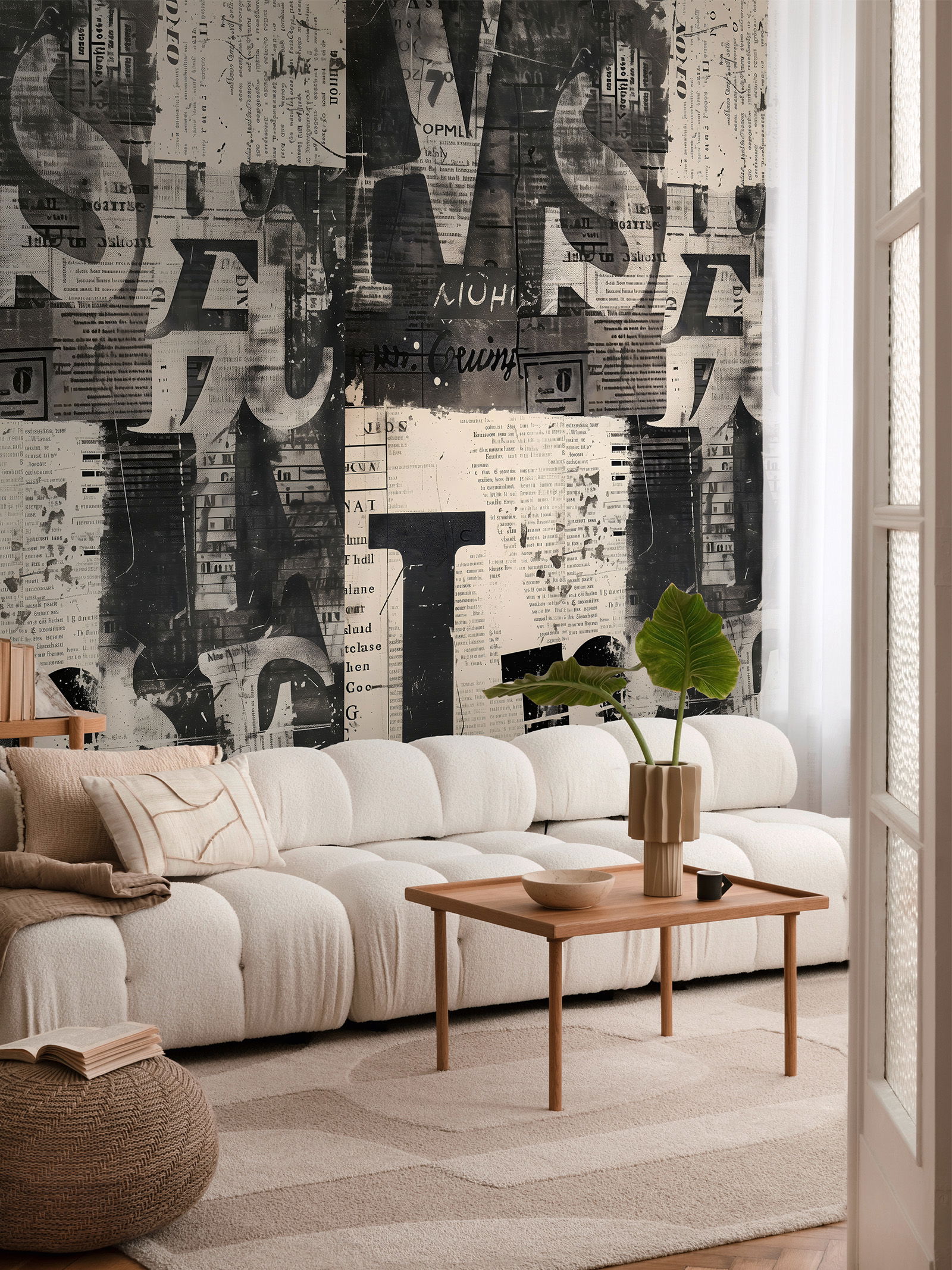 COSMOLiving - Motif wallpaper with collage of newspaper prints and typography - Newspaper - cream, black, grey